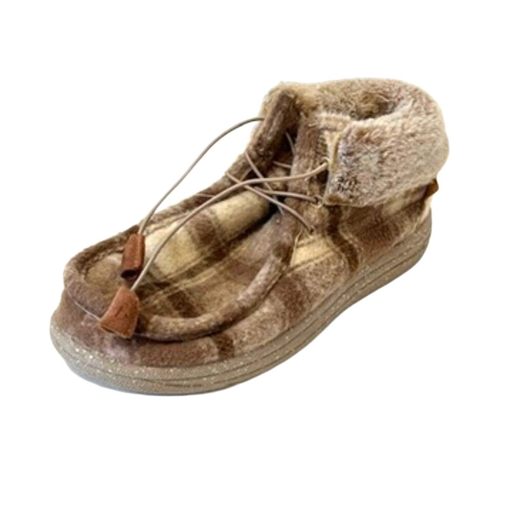 Lamo Cassidy Sheepskin Lined Ankle Boot Slipper Moccasin Chestnut Plaid Size 10